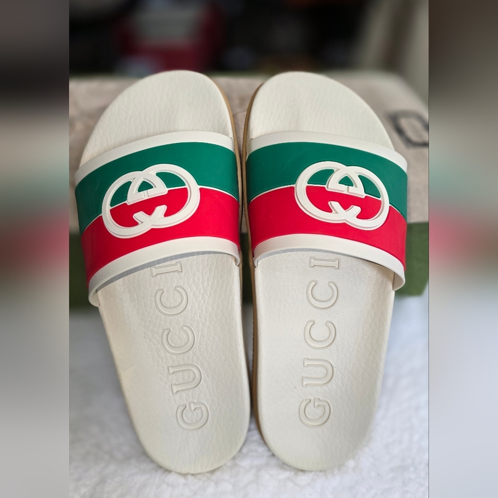 Gucci GG Red and Green Logo Slides Sandals Sz. 40 EU